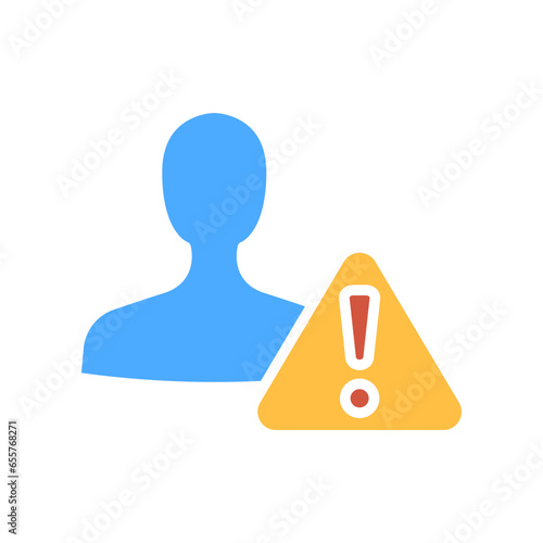 Invalid user profile. Important Caution notice of personal fake account. Internet person id and fraud risk data alert. Male User warning icon. Vector illustration filled outline style