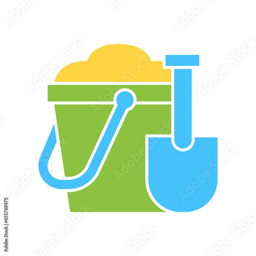 Colorful toy Bucket and spade, sand in green bucket with blue shovel. Colorful plastic kid toy for play sand. in Summer Beach icon. Flat and line Vector illustration filled outline style photo