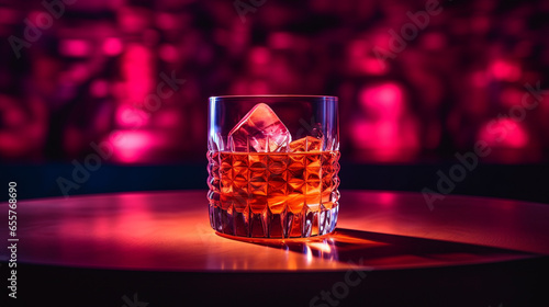 Product photograph of Whisky rock glasson a table in a nigth bar. Dramatic light. Pink color palette. Drinks.