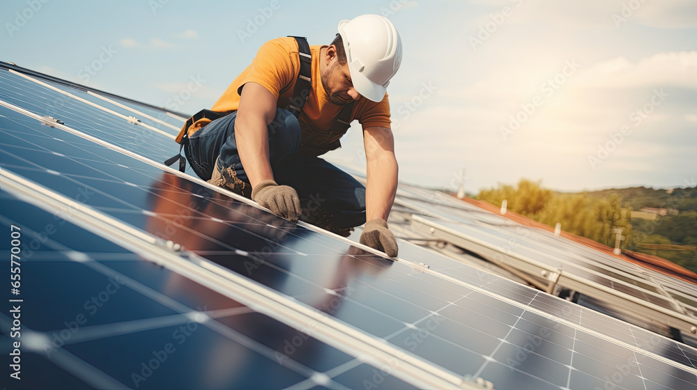 Solar Panel Installation by Professional on Rooftop: Eco-Friendly Energy Concept Solar Panel Installation by Professional on Rooftop: Eco-Friendly Energy Concept