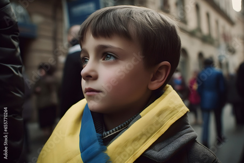 A young boy holding ukrainian flag on the street, Independence Day, kiev day concept