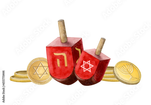 Hanukkah holiday symbols, red dreidels and gold coins gelt watercolor illustration isolated on white background. Hand drawn Chanukkah sevivons horizontal banner