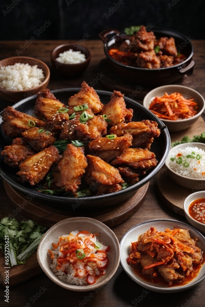 A rustic wooden table adorned with delicious bowls of food