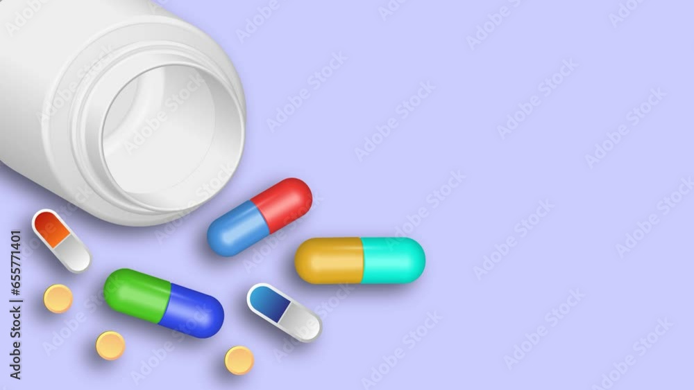 Animation. Tablets of various shapes on the table. Medicine, healthcare. A place to copy. Animation. Tablets of various shapes on the table. Medicine, healthcare. A place to copy.