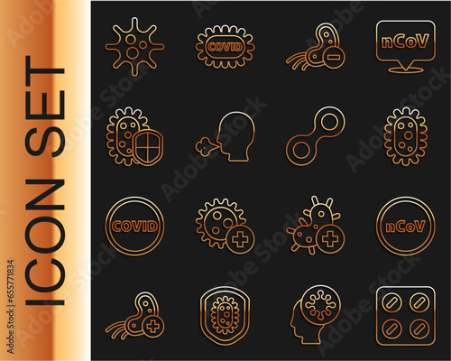 Set line Pills in blister pack, Corona virus 2019-nCoV, Virus, Negative, Man coughing, Shield protecting from, and icon. Vector