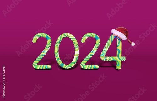 Colorful happy new year 2024 3D rendering with Santacruz hat in clear background.   photo