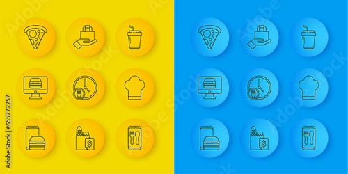 Set line Online ordering and delivery, Round the clock, Chef hat, Slice of pizza, Coffee cup to go and icon. Vector