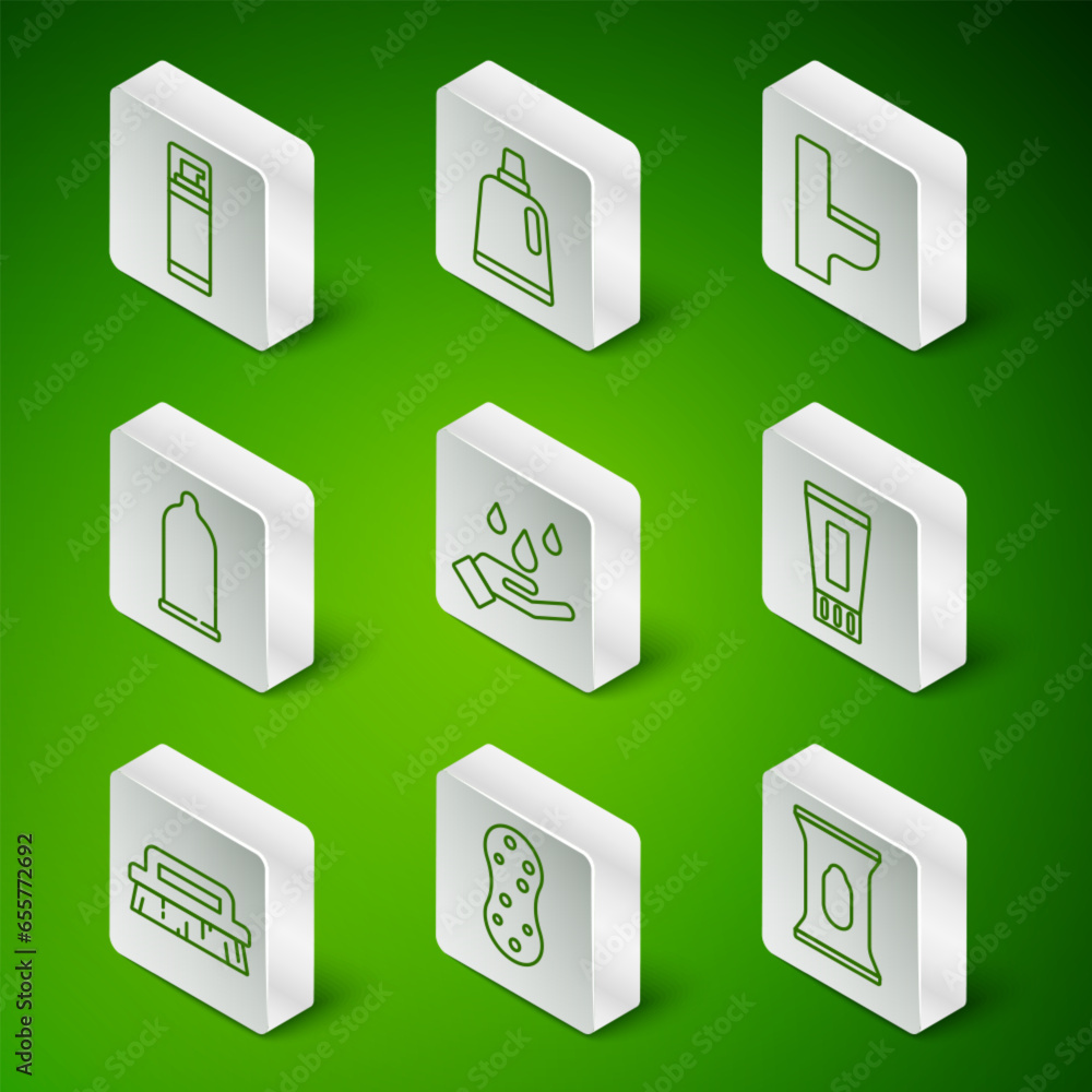 Set line Wet wipe pack, Sponge, Shaving gel foam, Washing hands with soap, Condom, Bottle for cleaning agent, Brush and Tube of toothpaste icon. Vector Set line Wet wipe pack, Sponge, Shaving gel foam, Washing hands with soap, Condom, Bottle for cleaning agent, Brush and Tube of toothpaste icon. Vector