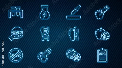Set line GMO, Genetically modified apple, Pipette, chicken, Test tube and flask, and icon. Vector