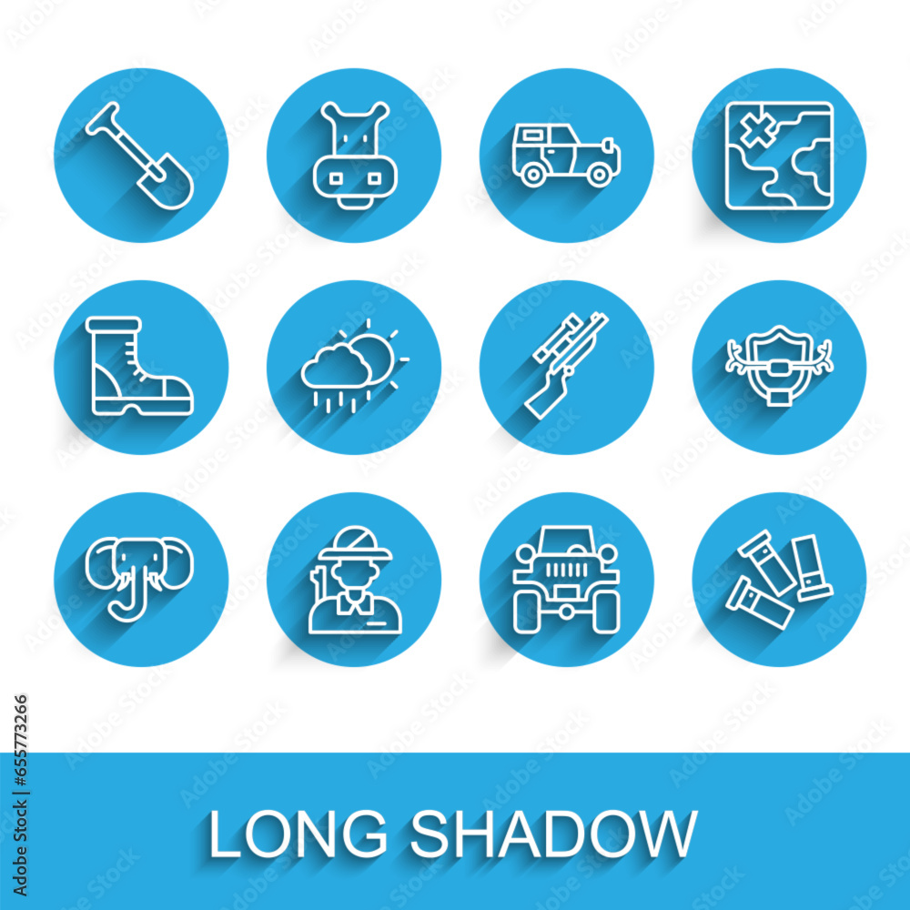 Set line Elephant, Hunter, Shovel, Off road car, Cartridges, Cloud with rain, Deer antlers on shield and Sniper rifle scope icon. Vector Set line Elephant, Hunter, Shovel, Off road car, Cartridges, Cloud with rain, Deer antlers on shield and Sniper rifle scope icon. Vector