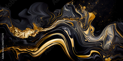 Monocolor alcohol ink marbling raster background. Liquid waves and stains. Black and gold abstract fluid art. Acrylic and oil paint flow monochrome contemporary backdrop, black marble . generative ai.