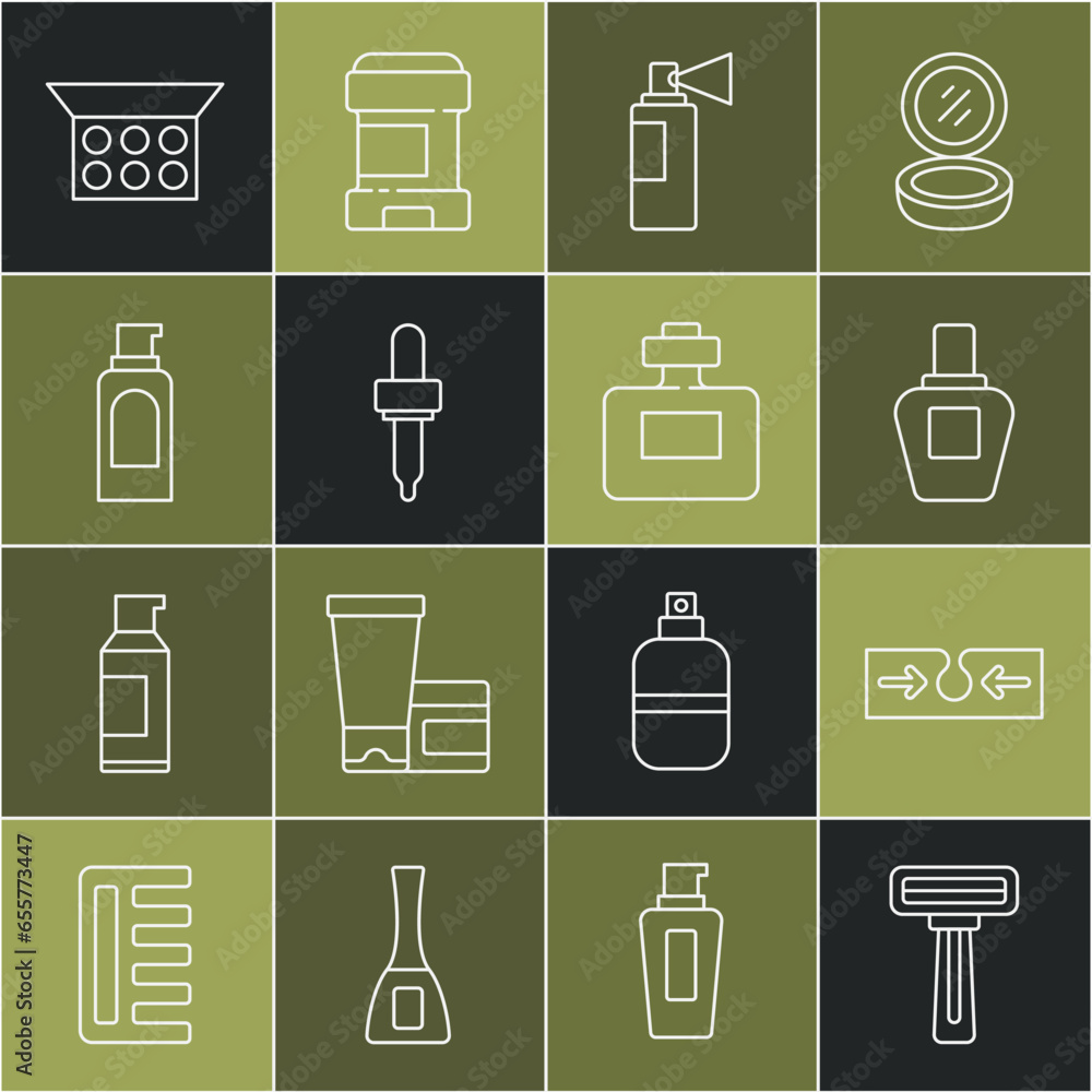 Set line Shaving razor, Acne, Perfume, Pipette, Spray can for hairspray, Makeup powder with mirror and icon. Vector Set line Shaving razor, Acne, Perfume, Pipette, Spray can for hairspray, Makeup powder with mirror and icon. Vector