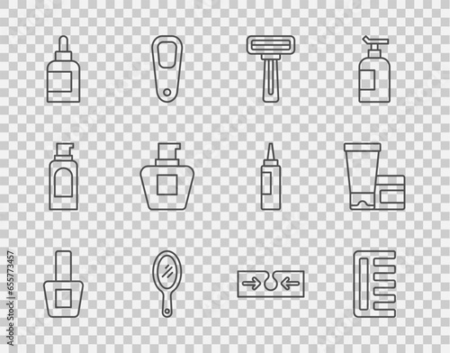 Set line Nail polish bottle, Hairbrush, Shaving razor, Hand mirror, Cream lotion cosmetic tube, Acne and icon. Vector