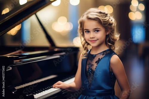photo of girl 6 year old standing at grand piano