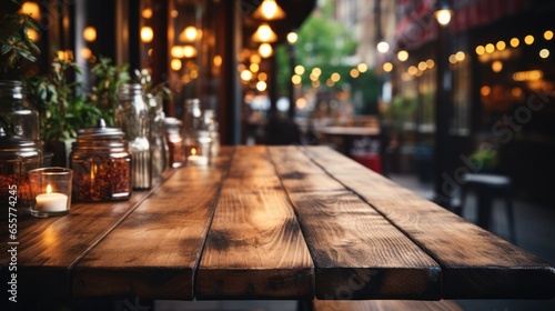 Empty wooden table in front of abstract blurred background of street cafe.