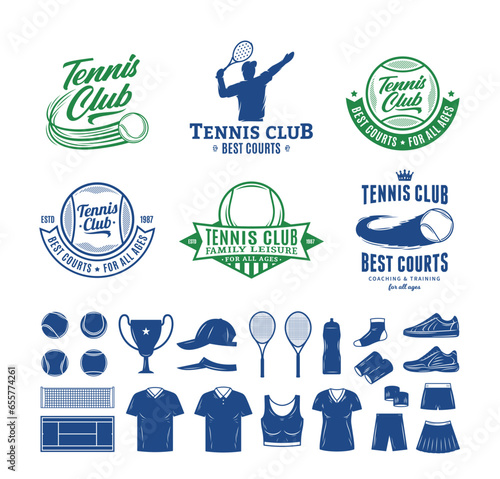 Tennis club logo, sport labels, tennis icons for tournament, recreation and clubhouse