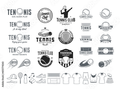 Vector tennis club logo, sport emblems, tennis icons for clubhouse, apparel or organization