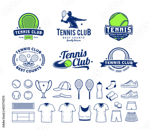 Set of vector tennis club logo, labels and icons
