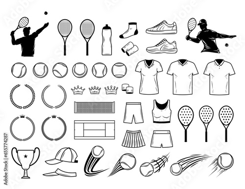 Set of vector tennis icons, tennis apparel and equipment illustration