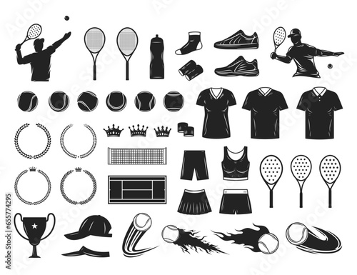 Set of vector tennis icons, tennis apparel and equipment illustration