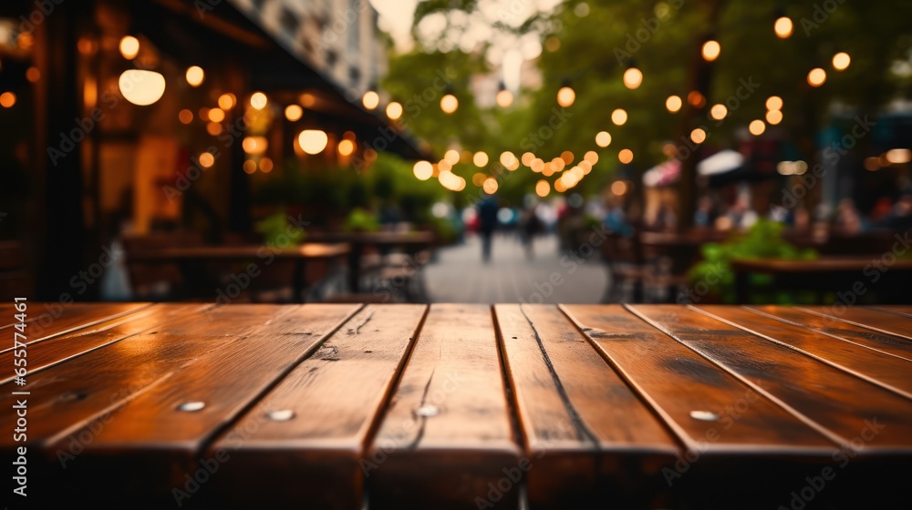 Empty wooden table in front of abstract blurred background of street cafe. Empty wooden table in front of abstract blurred background of street cafe.