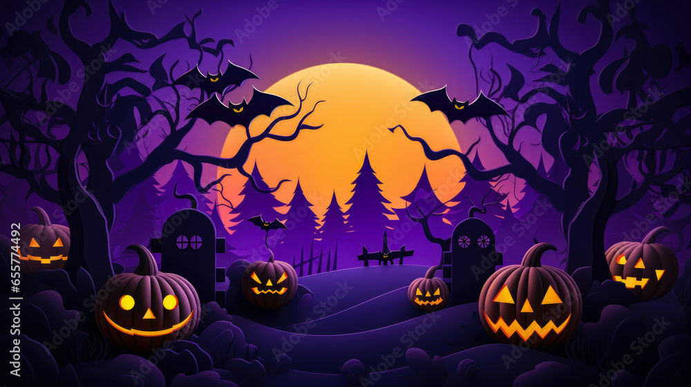 Happy Halloween: Spooky Jack O' Lantern & Bat in Purple-Grey Night with Graveyard