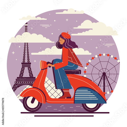 Girl Riding Retro Scooter in Paris France