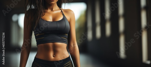 Close-up of a sporty female body in sportswear with copy space.