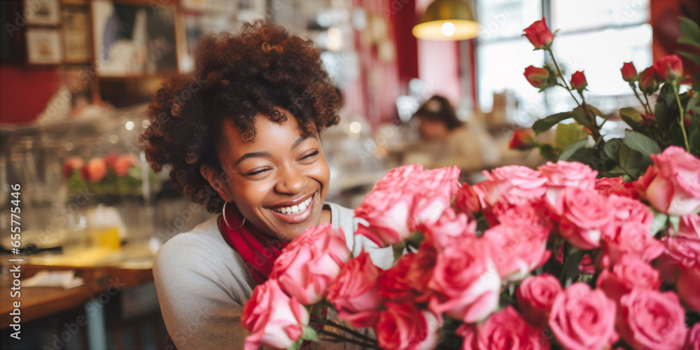 Afro-American women received many roses from the hands