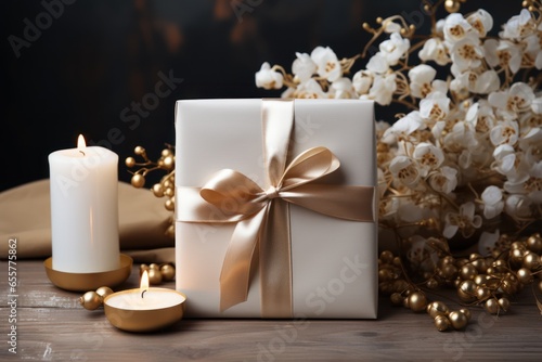 Beautiful gift boxes with golden ribbon on wooden table, closeup