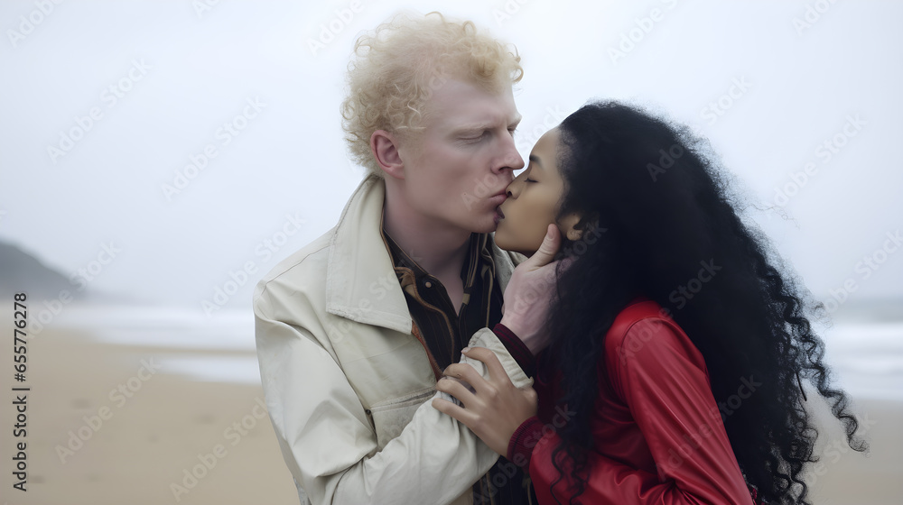 Multi-ethnic couple in love while kissing on the beach during a sunset. Love, honeymoon, heterosexual couple. Albino blond man and african american woman Multi-ethnic couple in love while kissing on the beach during a sunset. Love, honeymoon, heterosexual couple. Albino blond man and african american woman