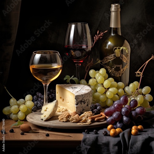 Elegant image of wine, cheese, fruit and nuts. Great for stories on wine, luxury, indulgence, gastronomy, travel, food blogs, country living and more. 