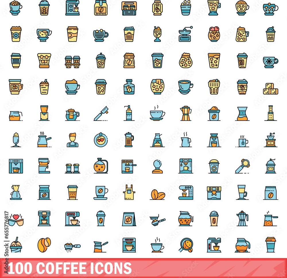 100 coffee icons set. Color line set of coffee vector icons thin line color flat on white 100 coffee icons set. Color line set of coffee vector icons thin line color flat on white
