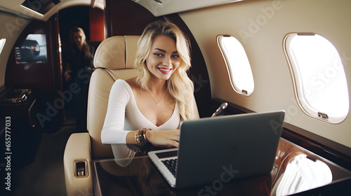 successful beautiful woman blogger, billionaire or rich businesswoman flying private jet and working on plane with laptop