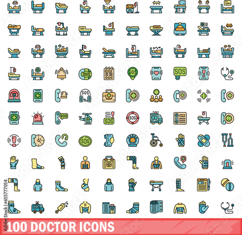 100 doctor icons set. Color line set of doctor vector icons thin line color flat on white