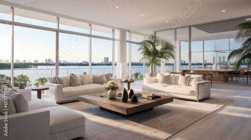 April 2020 in South Florida a Large Open Living Space with Sweeping Views of the City and Water White Airy and Minimalist with Floor to Ceiling Glass Windows © Creative Station