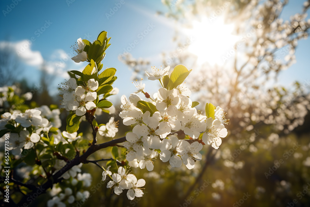Obraz premium Beautiful blooming white flowers against the blue sky with sun rays. Nature background, for banner background.