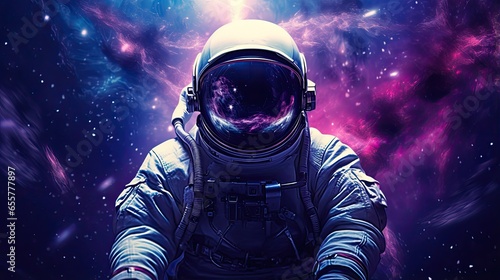 Astronaut in Space with Stars a Galaxy a Purple and Blue Nebula and Galaxies Reflected in His Helmet