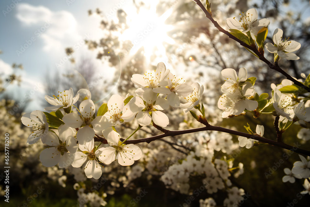 Beautiful blooming white flowers against the blue sky with sun rays. Nature background, for banner background. Beautiful blooming white flowers against the blue sky with sun rays. Nature background, for banner background.