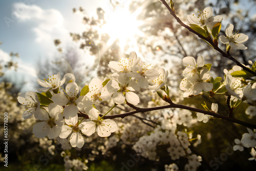 Beautiful blooming white flowers against the blue sky with sun rays. Nature background, for banner background.