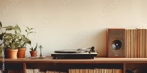 record player on a shelf flanked by old records photo