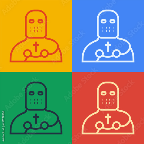 Pop art line Knight crusader icon isolated on color background. Vector