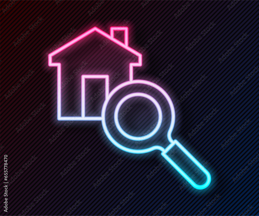 Glowing neon line Search house icon isolated on black background. Real estate symbol of a house under magnifying glass. Vector Glowing neon line Search house icon isolated on black background. Real estate symbol of a house under magnifying glass. Vector