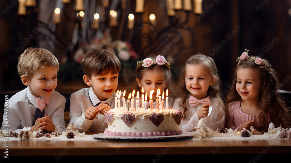 Kids looking at birthday cake with candles, having celebration of birthday party Kids looking at birthday cake with candles, having celebration of birthday party
