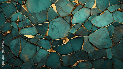 Cracked teal patterns of verdigris on a bronze surface. Hint of kintsugi art.  photo