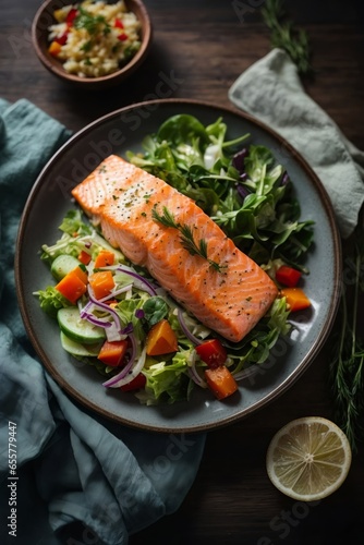 A delicious plate of salmon and a fresh salad on a beautifully set table
