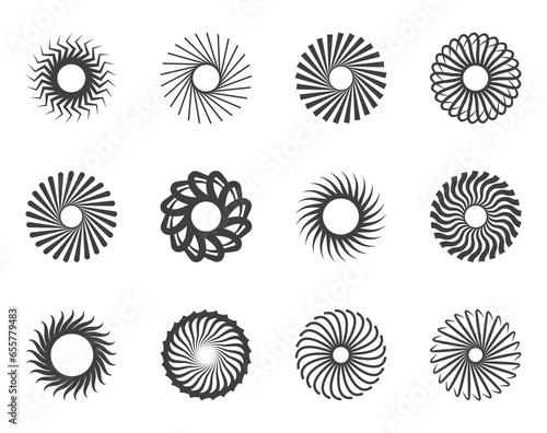Spiral and swirl motion twisting circles design element set.