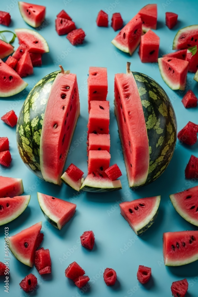 Watermelon slices on a vibrant blue surface