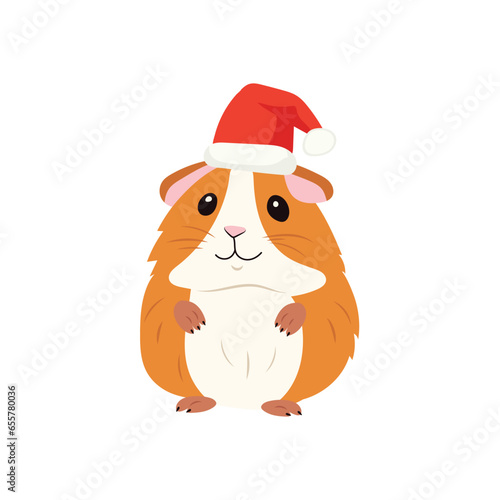 Little red guinea pig in a Santa Claus hat sits on a white background