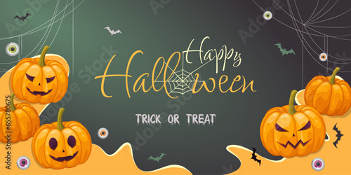 Halloween horizontal card with scary pumpkins, bats and creepy eyeballs